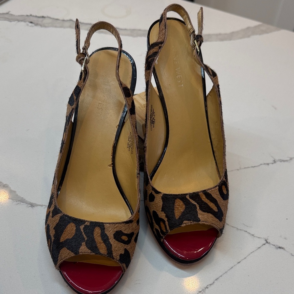 Nine West Leopard Print Slingback Heels with Red Accents